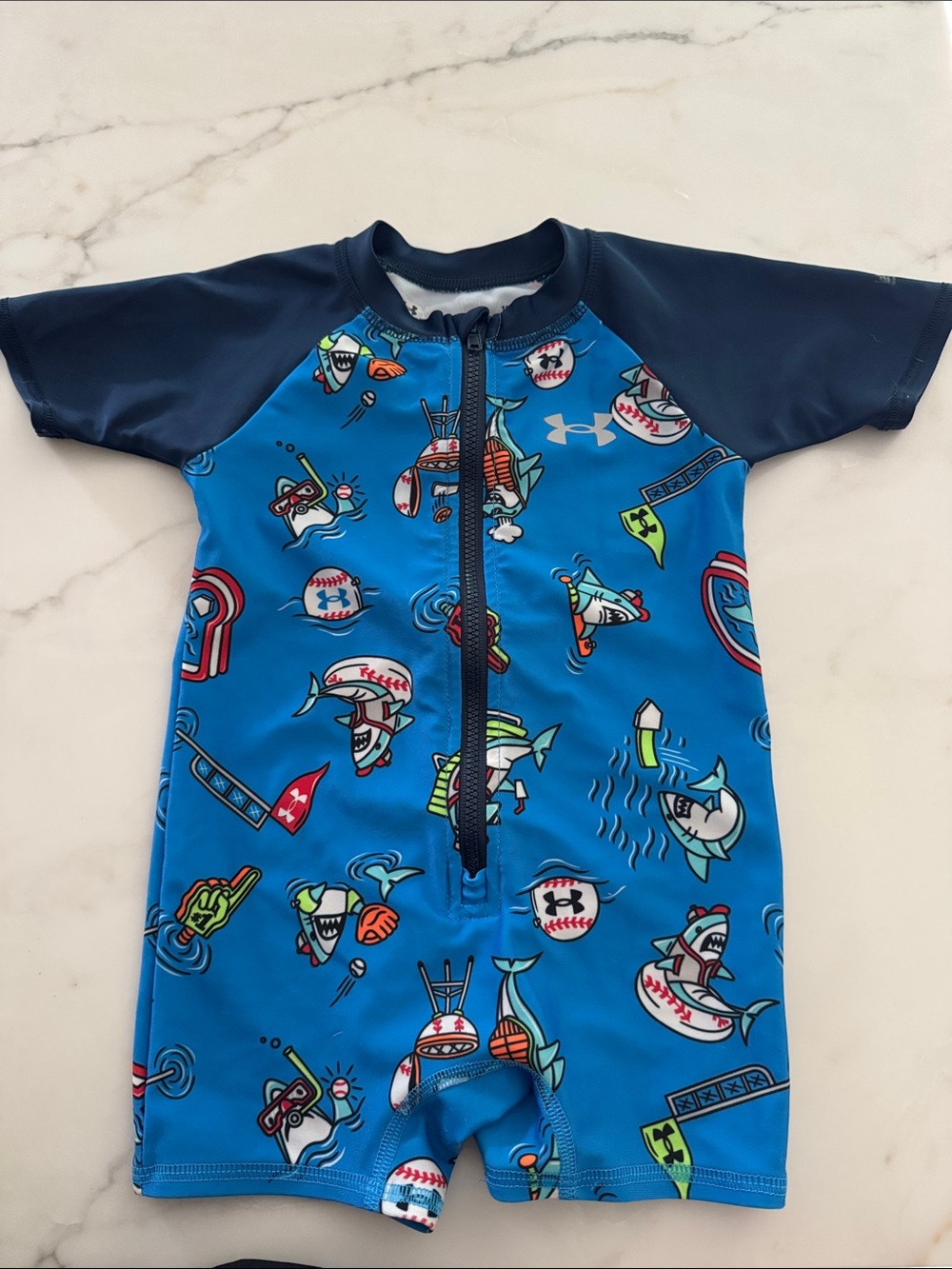 Under Armour Blue & Navy Shark Print Zip Front Kids Swim Romper